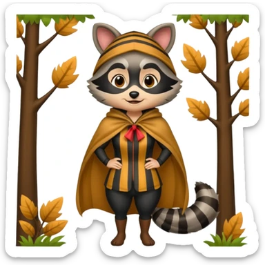 forest emoji woman dressed as raccoon trickster, striped tail cape, playful grin sticker