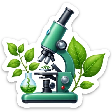 An icon featuring a DNA strand, a microscope with visible cells, and a green leaf, symbolizing biology. The design includes animal cells, plant structures, representing the study of living organisms and ecosystems. Transparent background highlights life sciences and biological research. sticker