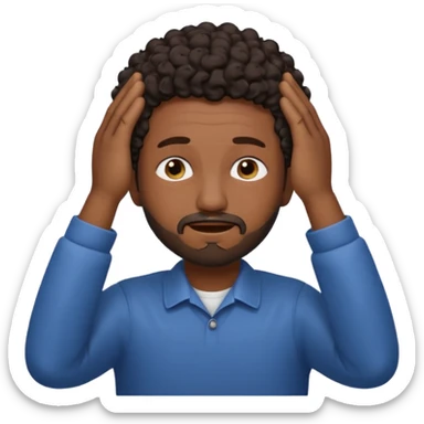 Emoji of a frustrated man with short dark curly hair and a short beard, eyes tightly closed and eyebrows furrowed.
Both hands raised near his head in frustration, clean rounded emoji style, soft gradients, plain background. sticker