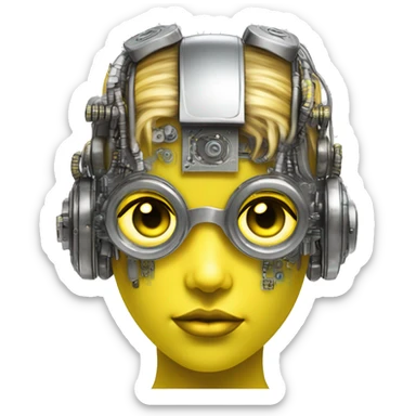 Neon yellow bobbed hair Caucasian female cyborg head with silver steampunk goggles and circuits sticker