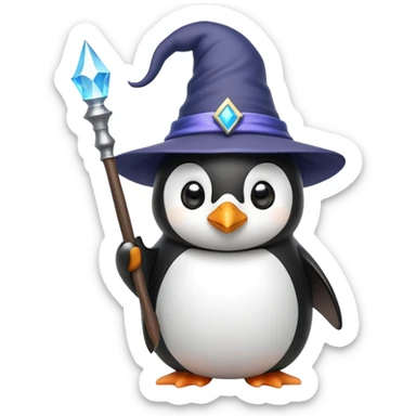 Penguin wearing a wizard hat and holding a magic wand sticker