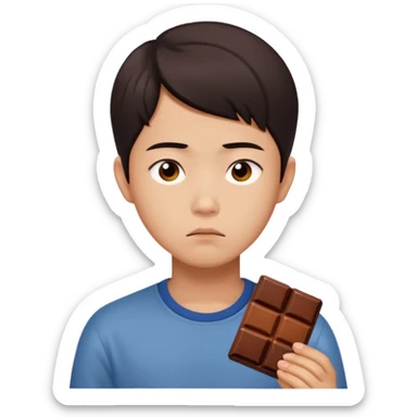 A young Asian dieter with a gloomy expression, thinking of chocolate sticker