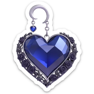 3D emoji gothic heart, midnight blue crystal texture, silver crescent moon charm, tiny black roses sticker