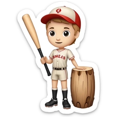 a wooden log trunk with thin legs, a cute face, holding a baseball bat sticker