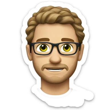 Caucasian male, shoulder length wavy brown hair, green eyes, brown glasses, stubble sticker