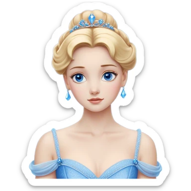 Cinematic Realistic Noble Cinderella Portrait, depicted with porcelain skin rendered in lifelike detail and soft, natural lighting that highlights every delicate nuance. Her intricately styled golden-blonde hair is arranged in an elegant updo, and her deep, expressive blue eyes radiate quiet determination. She wears her classic ball gown with rich fabric textures and delicate folds catching the light beautifully, all set against a subtly glowing, natural background that captures the essence of timeless royal grace. sticker