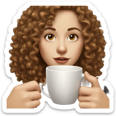 White Girl With Almond Eyes and Brown Curly Hair drinking coffee sticker