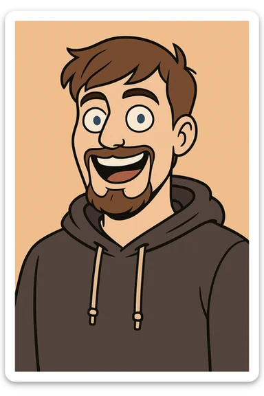 cartoon portrait of MrBeast, smiling, brown hair, blue eyes, casual hoodie, energetic expression, YouTuber vibe sticker
