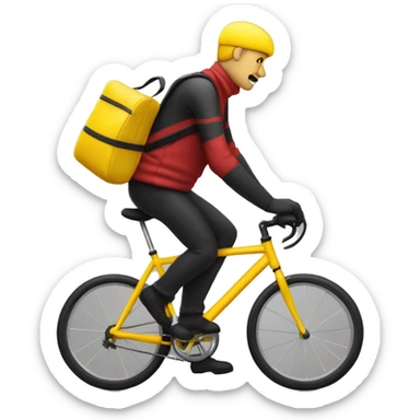 Homme en tenue jaune sur un vélo noir vélo avec un sac rouge carré sticker