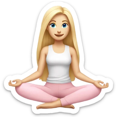 blonde long hair and blue eyes yoga girl in light pink clothes sitting on a yoga mat sticker