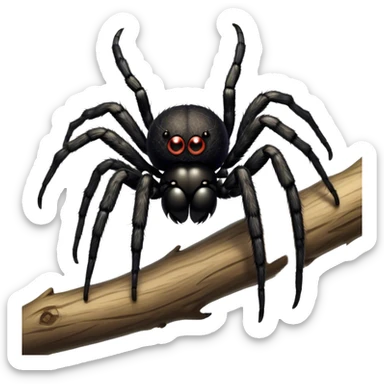 Large black fluffy spider with a big round abdomen and short hairy legs sitting on a branch. Detailed texture of the spider’s fur and body. Transparent background. sticker