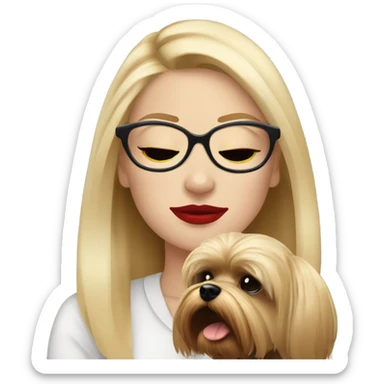 White girl, blonde hair, eyes closed, red lipstick wearing glasses hugs Yorkshire terrier  sticker