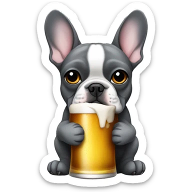 French bulldog dark grey holding a beer sticker