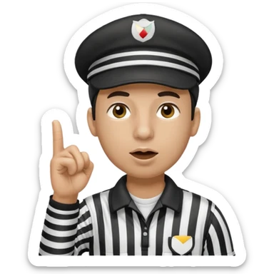 A black calm referee with striped shirt, wearing a sport cap while blowing a whistle, pointing clearly toward the field. sticker