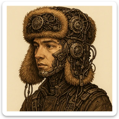 Mateo character wearing a ushanka (shapka) hat, with mechanical and robotic elements, creative style, detailed mechanical parts and fur hat sticker