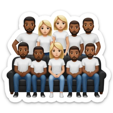 A white girl sitting on a couch with 10 black men in white shirts behind her  sticker