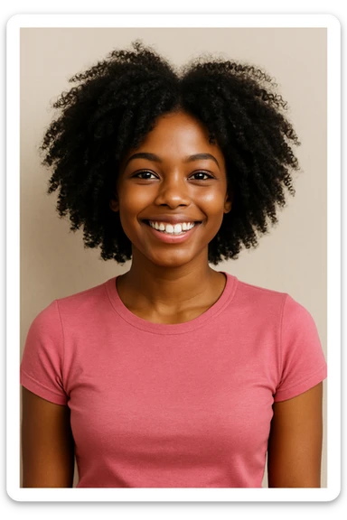 A black girl with voluminous curly black hair, pink fitted shirt, smiling, simple background. sticker