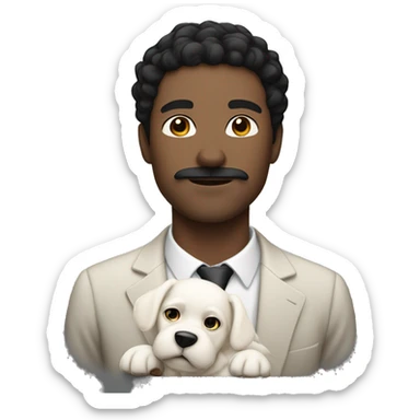 Black haired man with a mustache, light skin, and a white puppy sticker