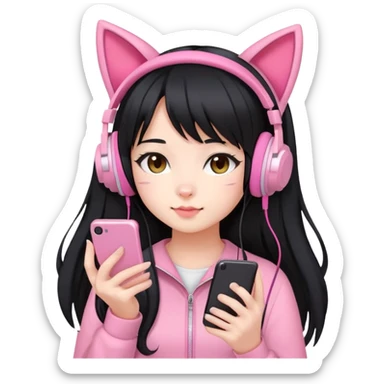 Extra cute Japanese girl with long hair, wearing pink cat ear headphones and holding a mobile phone sticker