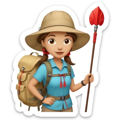 Middle aged women, long brown ponytail with wide brim hiking hat. With backpack and trekking poles. Backpack has a scallop shell with the cross of saint james hanging from it.  Remove the cross and add a scallop shell on a red string hanging from the backpack  sticker