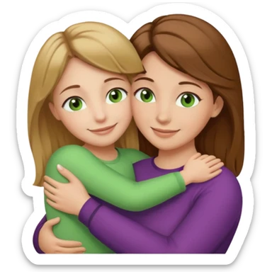 Maman cheveux marrons yeux marrons peau blanche et fille cheveux blond yeux verts peau blanche qui se font un câlin  sticker