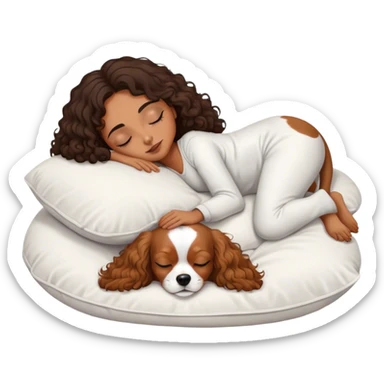 Curly dark hair medium length mixed girl sleeping on pillow with one white and tan cavalier dog sticker