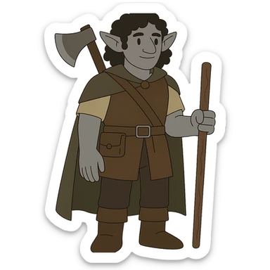 flat toon style DnD firbolg with grey skin and black curly hair, no background sticker