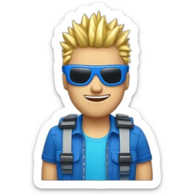 guy with blonde spiked hair, motherboard visor, blue supreme shirt and wink-blink face sticker