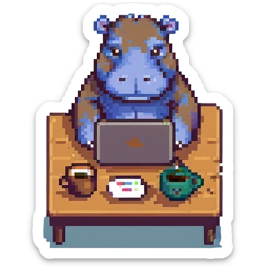 A cartoon hippo sitting at a laptop, drinking coffee, pixel art style, retro gaming vibe sticker
