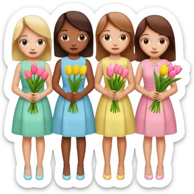 spring girly event - 5 girls wearing pastel dresses holding tulips sticker