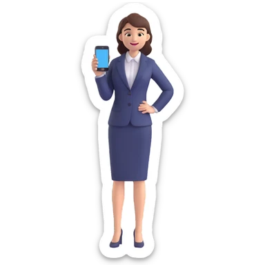 3D image of a professional woman in a suit, standing, smiling, using her phone, friendly expression sticker