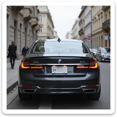 BMW Series 7 2022, back view, photorealistic, parked on a Bucharest street, blurry city background, blurred license plate, highly realistic sticker