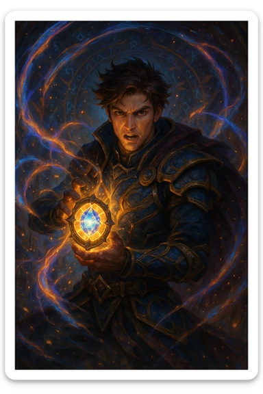 A fantasy system style protagonist, with a magical artifact, dynamic pose, surrounded by swirling magical energy sticker