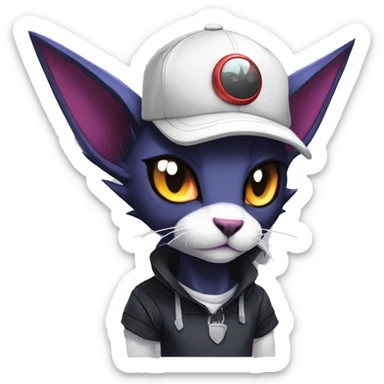 Cool Anthro Absol-Noibat-Litten-Sphynx-Pokémon with edgy stripes collar punk techwear cool fiddler-hat Full Body sticker
