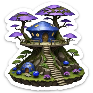 Crashed Alien saucer-castle jungle winding footpath mountainside getaway haunted nighttime hobbit landscape antique mudman very old broken cracked intricate Stone Age lapis-crusted irregular dodecagon-shaped shallow dark moss rough bark violet flowered maple treehouse bonsai Saikei sticker