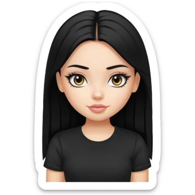 a pretty bratz girl with straight black hair wearing a black tshirt, eyeliner sticker