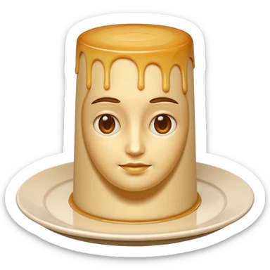 apple style emoji of a bust sculpture made entirely from a tall cylindrical flan with smooth slightly translucent beige gelee texture, stylized simplified features, all made from same flan material, no human colors or details, on a round white plate sticker