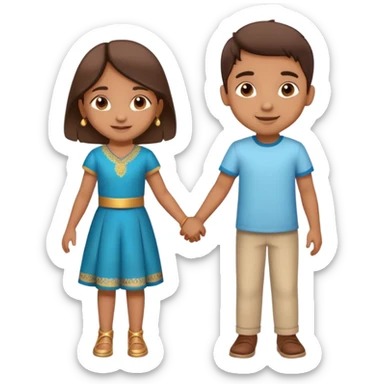 Indian boy and girl holding hands, boy lighter brown, girl medium brown, both children age 5-6, cheerful expressions sticker
