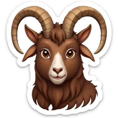 Cinematic Noble Brown Goat Portrait Emoji, Poised and regal, with a sturdy, agile build and a smooth, well-groomed rich brown fur accented by gracefully curved horns, deep-set soulful dark eyes, Simplified yet sharp and sophisticated features, highly detailed, glowing with a warm, dignified glow, high shine, intelligent and spirited, stylized with an air of rustic elegance, focused and attentive, soft glowing outline, capturing the essence of a watchful and confident goat, so majestic it feels as though it could leap out of the screen with effortless authority! sticker