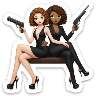 Sensual woman green eyes woman only brown long curly hair evil,with 7 inch platform stripper high heels long low cut black dress,and a gun, she is sitting on a buzz cut hair brown man's pimp lap, holdingwomans butt man is wearing a black suit sticker