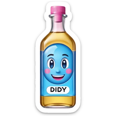 Smiling bottle of oil blue top pink outside with logo that says diddy oil sticker