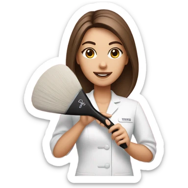 Brown haired esthetician wearing pink holding fan brush sticker