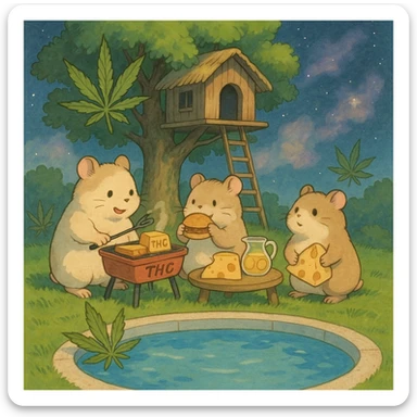 Discord server icon, square format, summer pool cookout scene with up to 3 hamsters, weed leaves, cheese, and THC theme, near a treehouse, possibly in space, ghibli style, soft dreamy colors, nostalgic, fun, inviting, summer party vibe, clear composition, less vibrant colors sticker