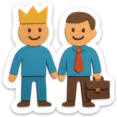 paper craft style two paper cutout figures, one with a crown representing leader, one with a briefcase representing manager, both smiling sticker