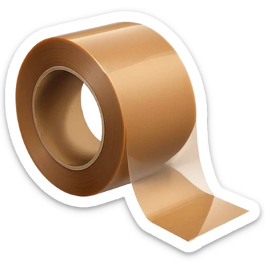 wide roll of brown packing tape with glossy semi-transparent surface and thick cardboard core, one end slightly peeled back, angled for depth, no box or dispenser, apple emoji style, soft lighting, subtle shadows, emoji scale sticker