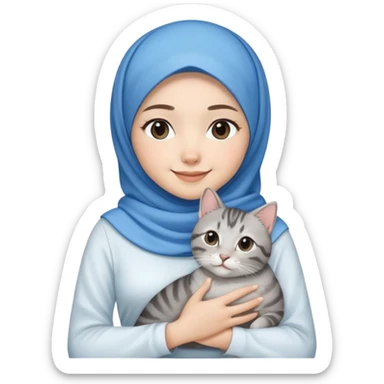 Asian White girl wearing  blue hijab and white dress holding a black grey tabby cat while smiling.  sticker
