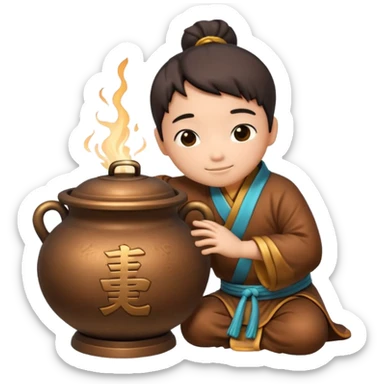 a cartoon figure hugging a 鼎 ancient Chinese cauldron character sticker