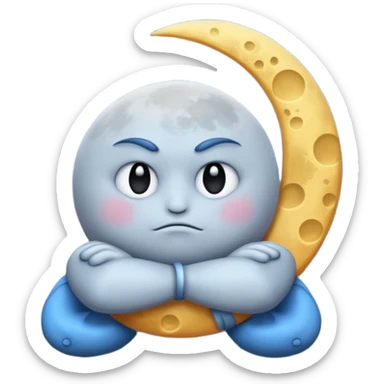 grumpy moon with arms crossed and stars orbiting sticker