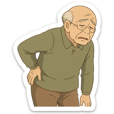 ghibli style elderly person with hand on back, showing discomfort, no text sticker