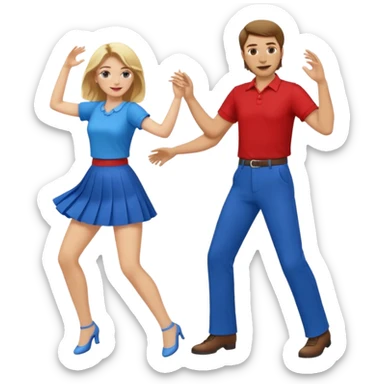 Two people dancing. Man in red shirt and pants with brown hair. Women in blue shirt and skirt with blond hair. sticker